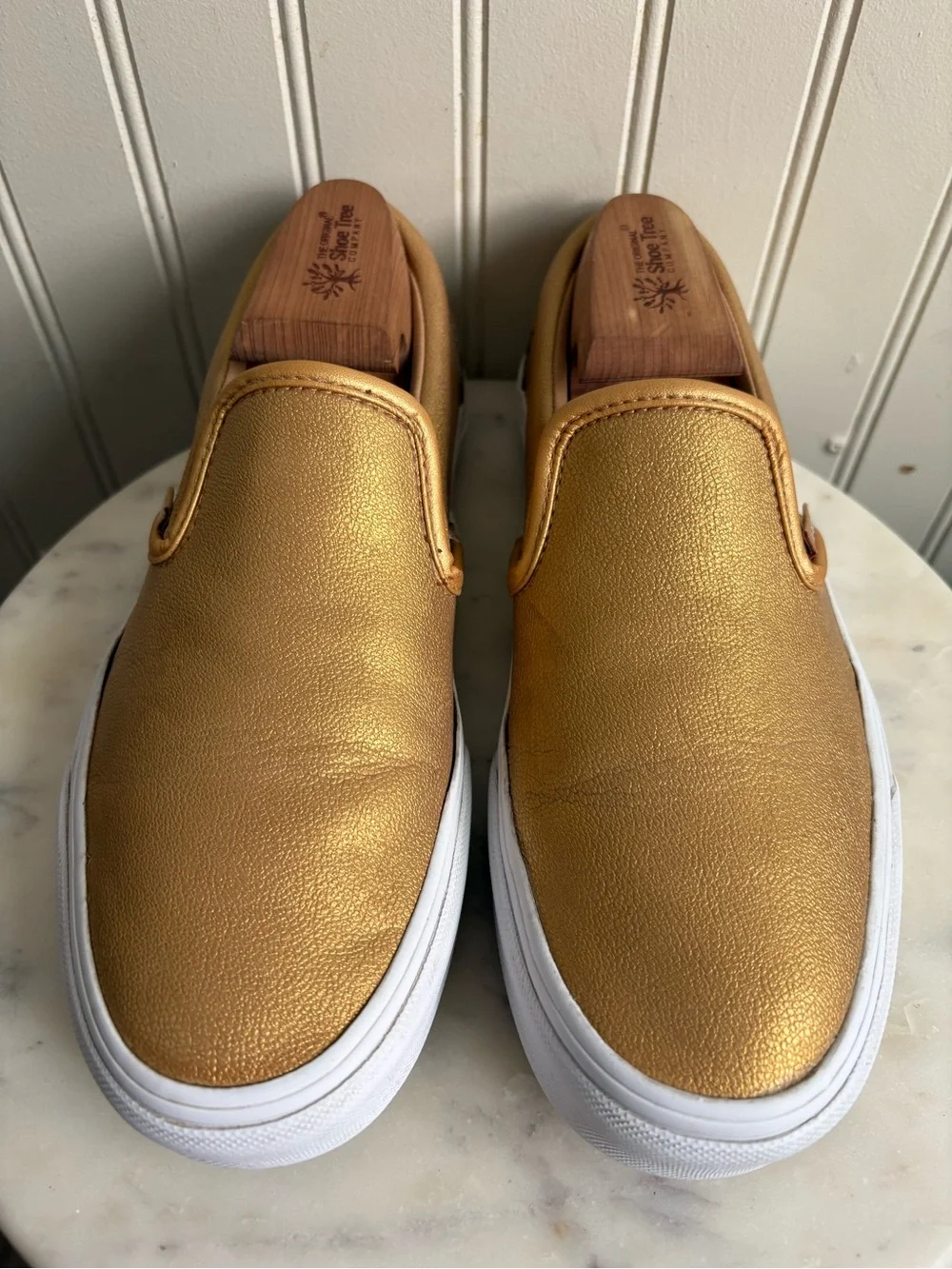 Vans Leather Slip Ons Sneakers Women 8.5 Gold Casual Classic Streetwear Metallic - Picture 6 of 8